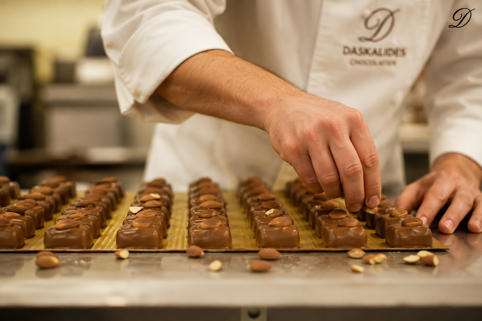 Maître chocolatier Daskalidès en train d'enrober des amandes